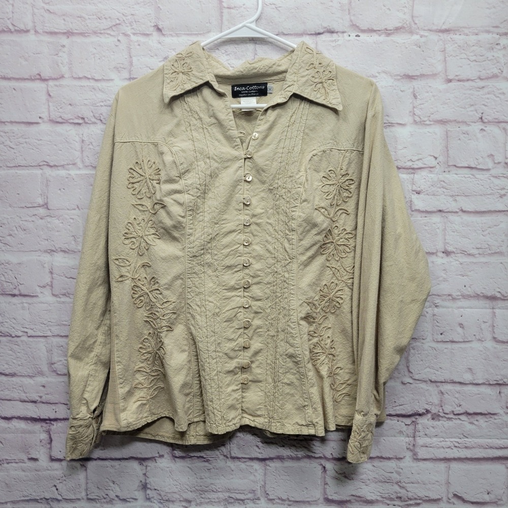 Inca Cottons Textured Pintuck Shirt Sz‎ XL Embroidered Button Up Country Cottage